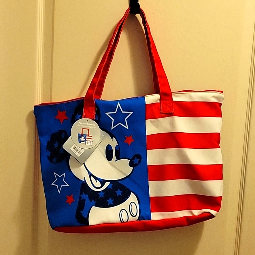 Disney Mickey Mouse red white & blue fabric foldable tote bag zipper close NEW…
